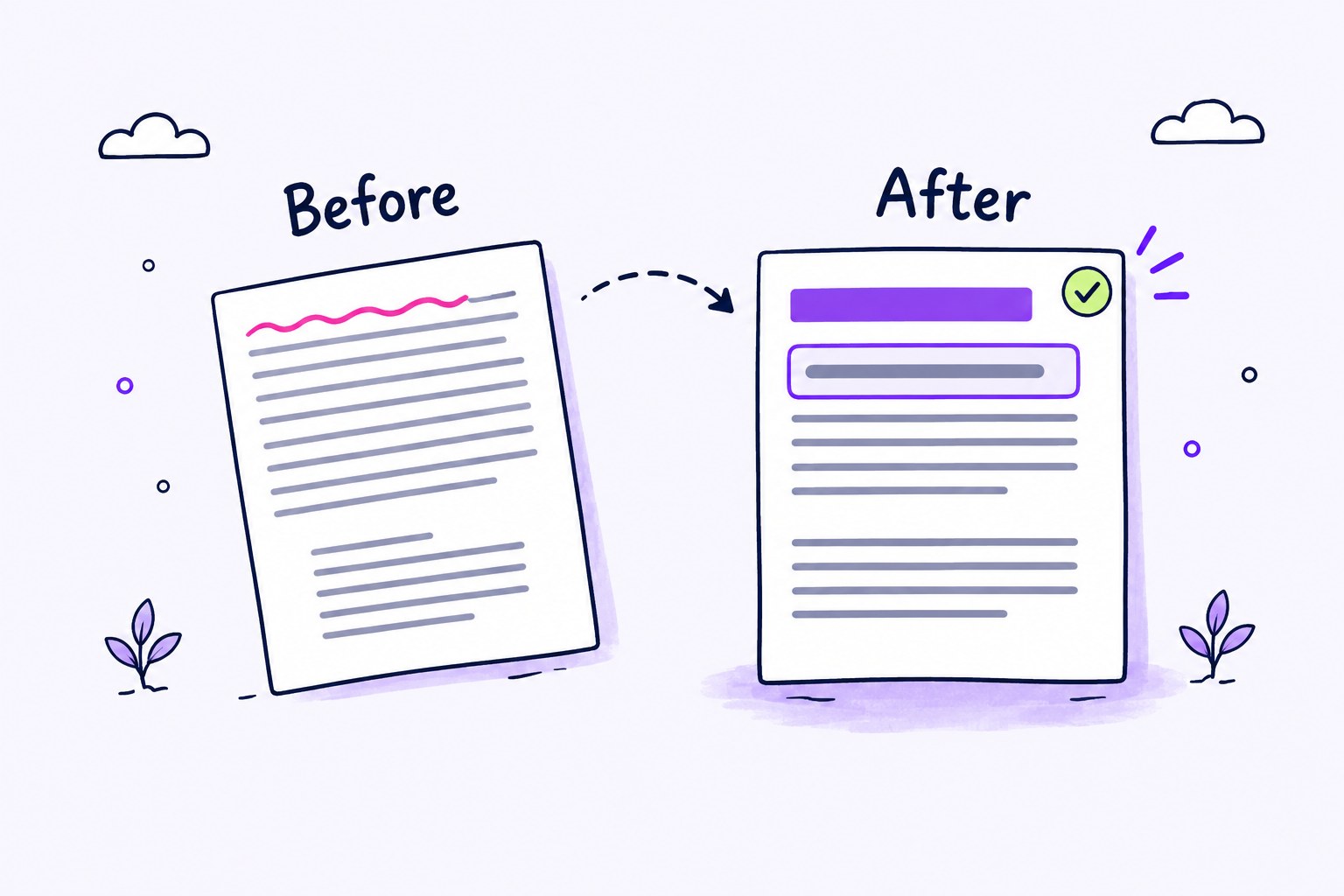 A messy tilted page with a squiggle on its first line leads by dashed arrow to a clean page with a highlighted first line.