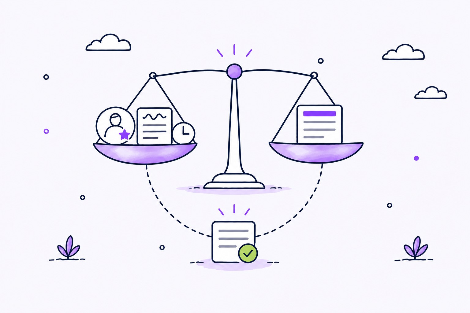 A balance scale weighs human failure icons against AI failure icons, both linked to one verified document below.