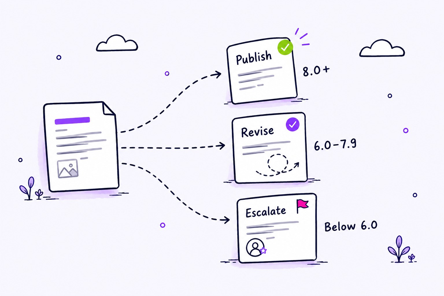One document branching into three outcome cards: Publish, Revise, Escalate, each with a score range.