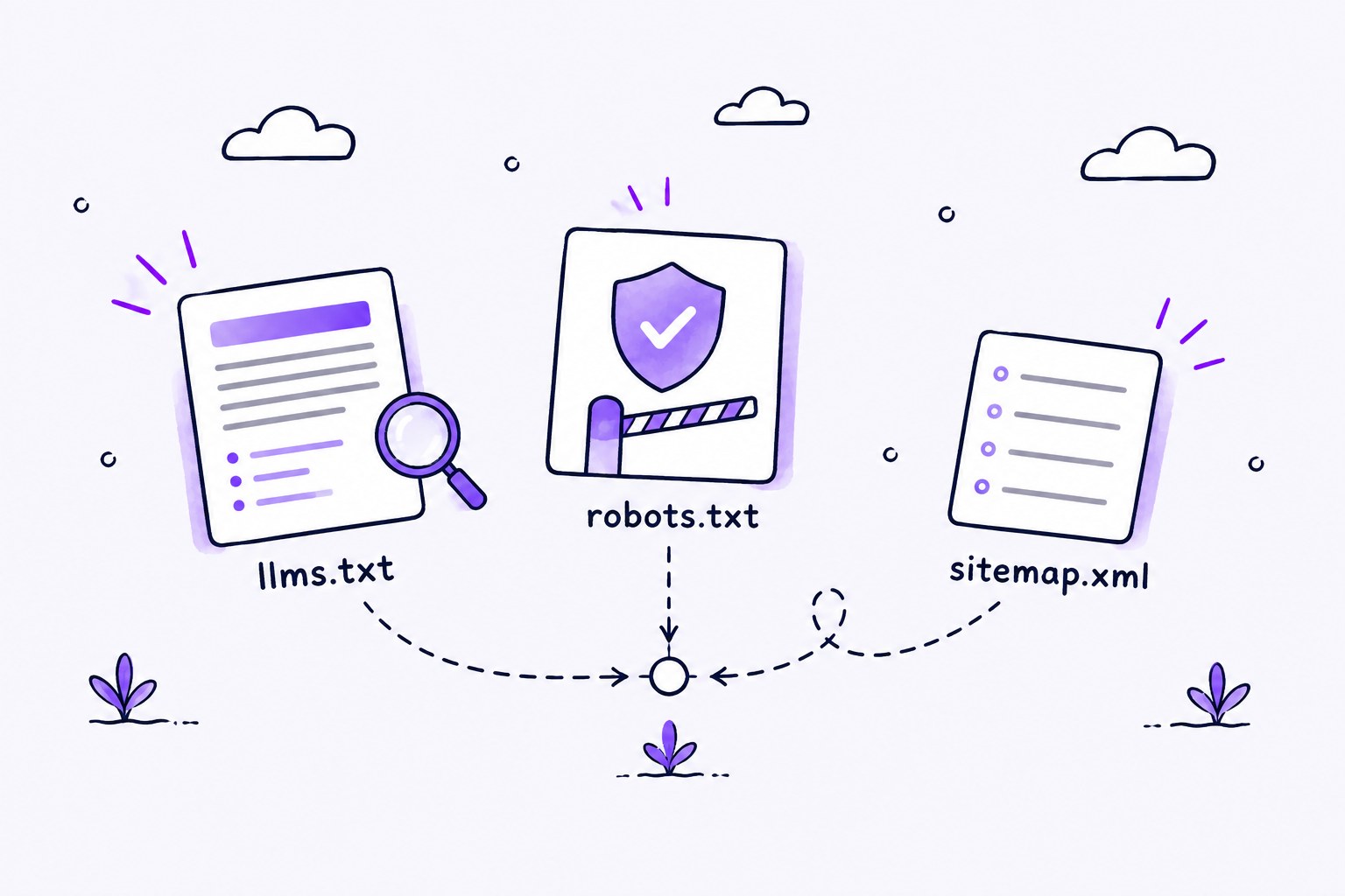 Three cards labelled llms.txt, robots.txt and sitemap.xml showing a curated page, an access shield and a URL list, linked by dashed lines.