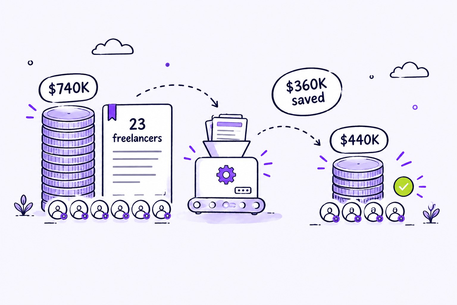 Tall coin stack and six badges on the left, a workflow machine, then a shorter coin stack and four badges on the right.