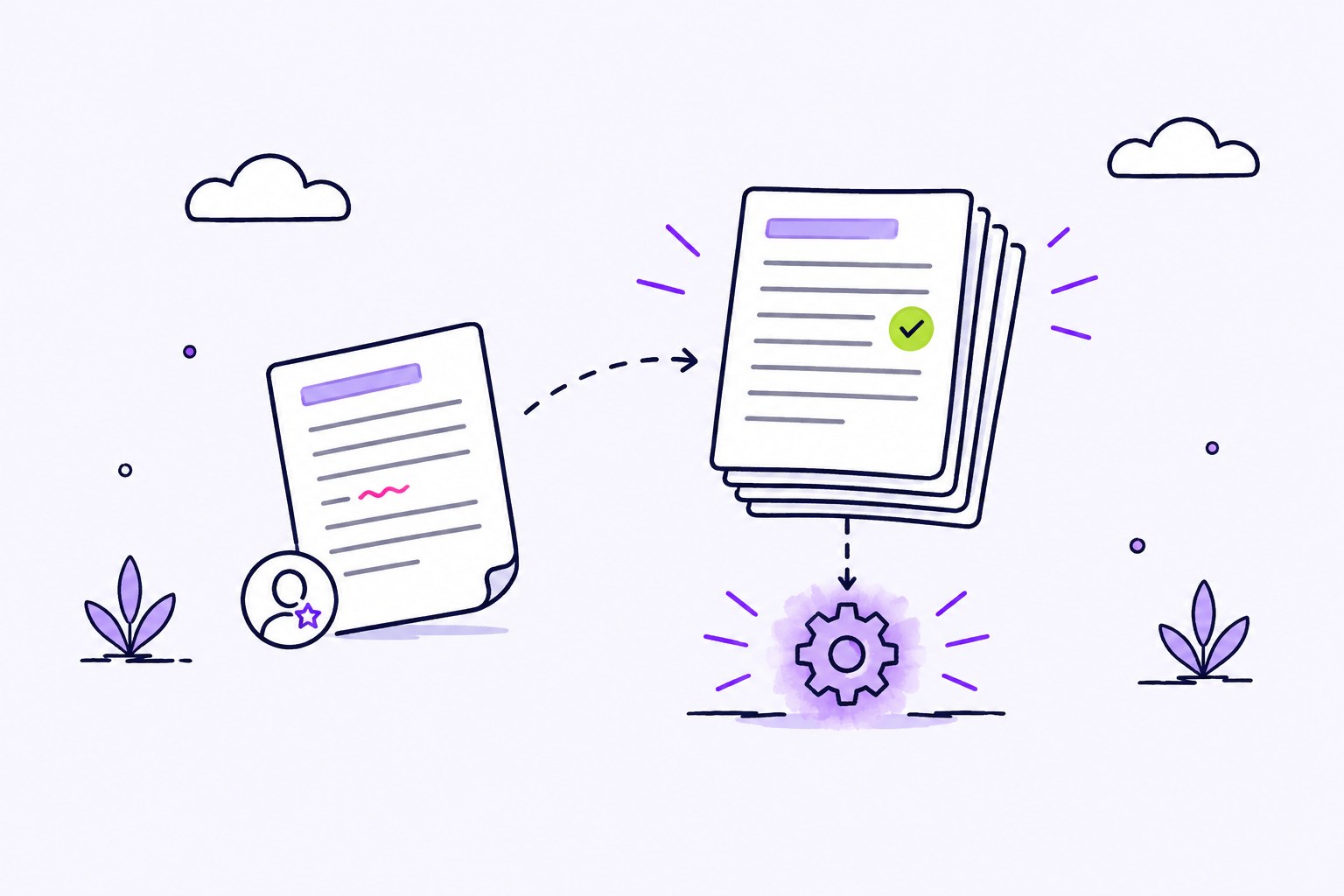 A single flawed page beside one person badge contrasts with a corrected document stack linked to a gear representing process fixes.