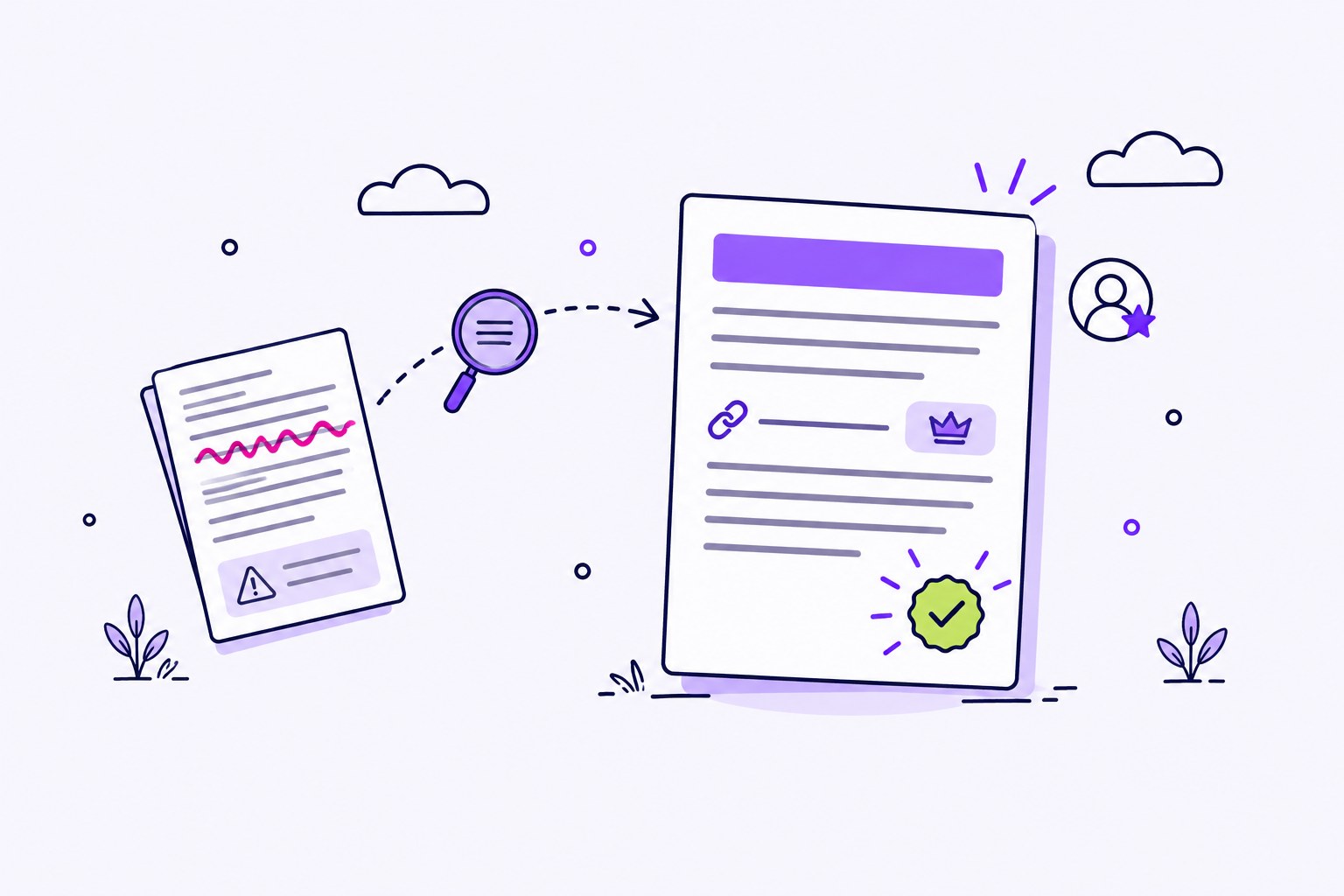 A messy page with a flawed line passes through a magnifier to become a clean, sourced page with a check badge.